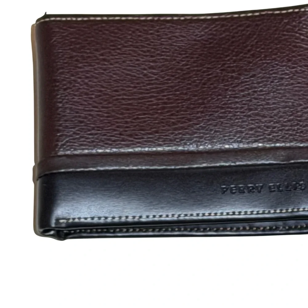 Perry Ellis Wallet Mens Brown Black Genuine Leather Bifold Card Slots Minimalist